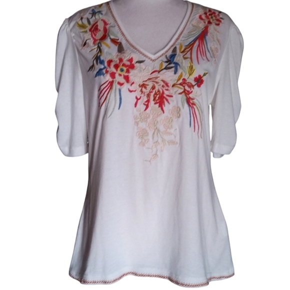 Anthropologie Solitaire White Floral Embroidered V Neck Blouse Size Medium - Picture 1 of 9